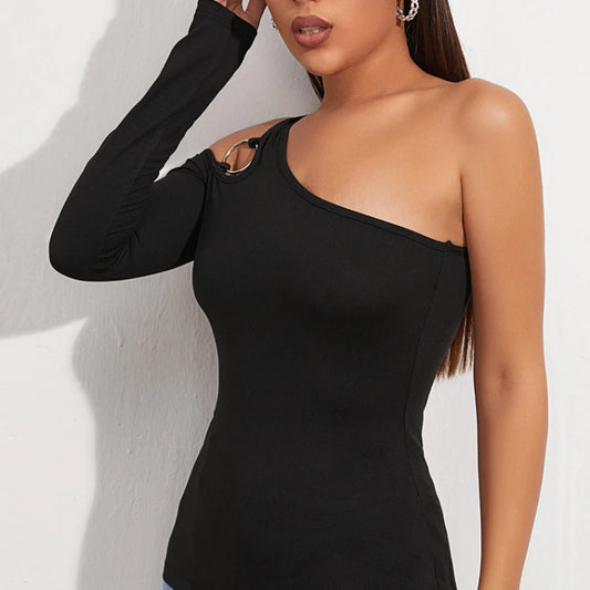 Sexy Off One Shoulder Cut Out Elastic Slim T Shirt Women Long Sleeves Bottoming Shirt
