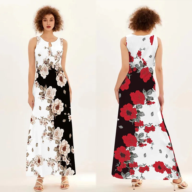Flower Print New Casual Sleeveless Long Dress Women's